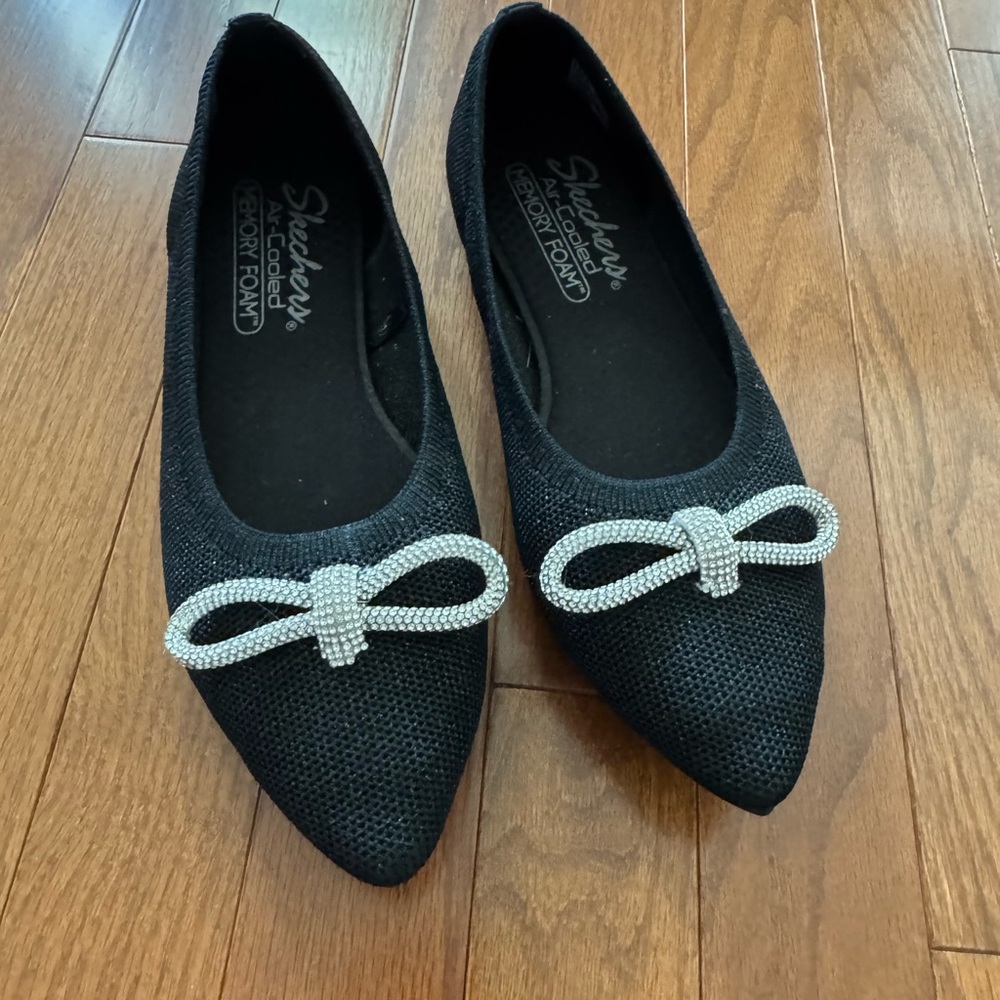 Skechers Women's Black Flats with Glittering Silver Bow